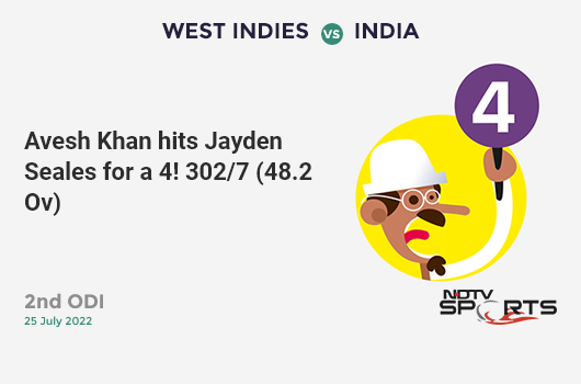 WI vs IND: 2nd ODI: Avesh Khan hits Jayden Seales for a 4! IND 302/7 (48.2 Ov). Target: 312; RRR: 6