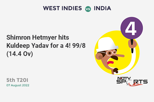 WI vs IND: 5th T20I: Shimron Hetmyer hits Kuldeep Yadav for a 4! WI 99/8 (14.4 Ov). Target: 189; RRR: 16.88